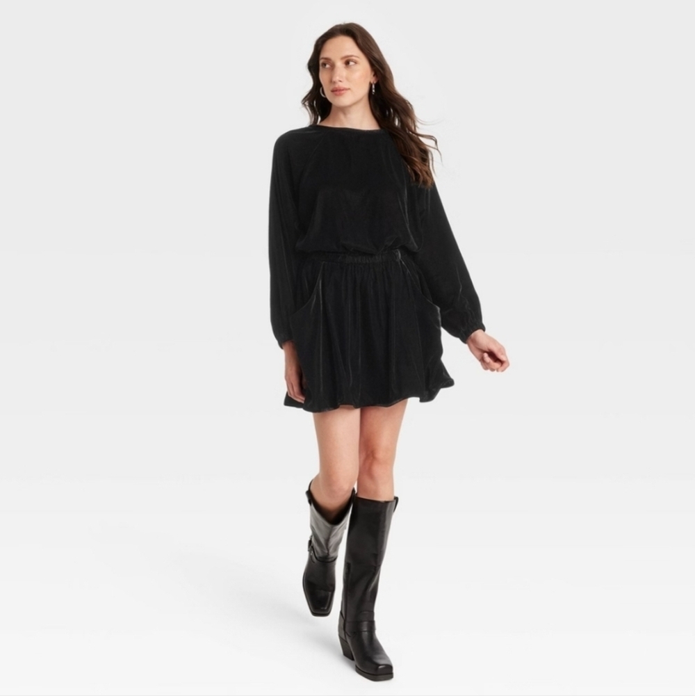 Women's Long Sleeve Velvet Mini A-Line Dress - Universal Thread Black S